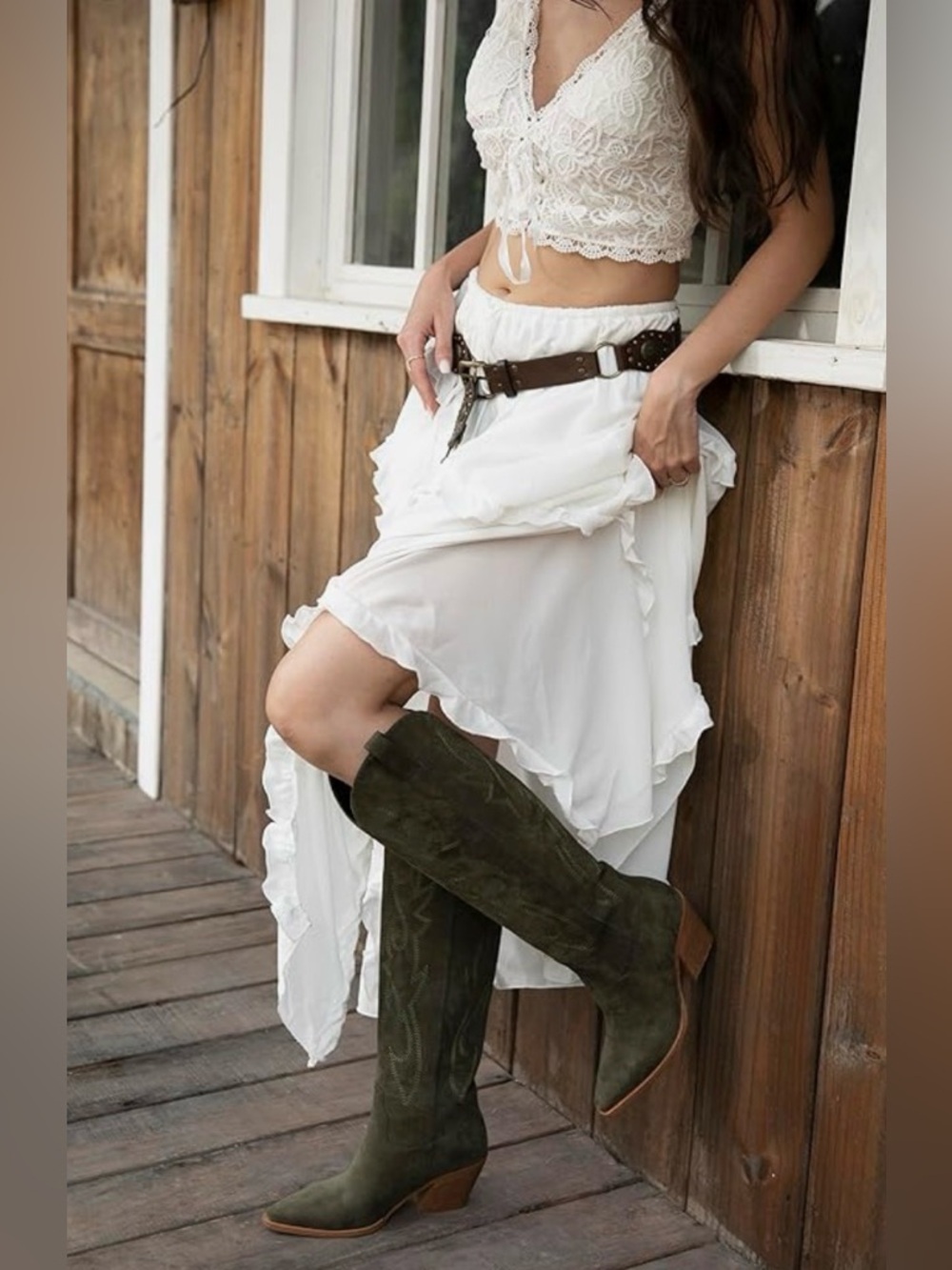 iiimmu Knee High Pointed Toe and Block Cowboy Suede and Faux Leather Boot